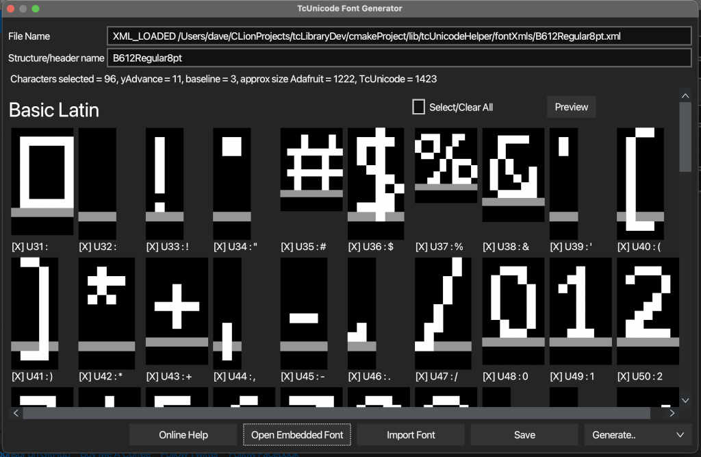 Font creation dialog with highlighted points