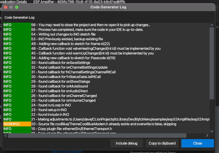 Code generator logging window after execution has completed