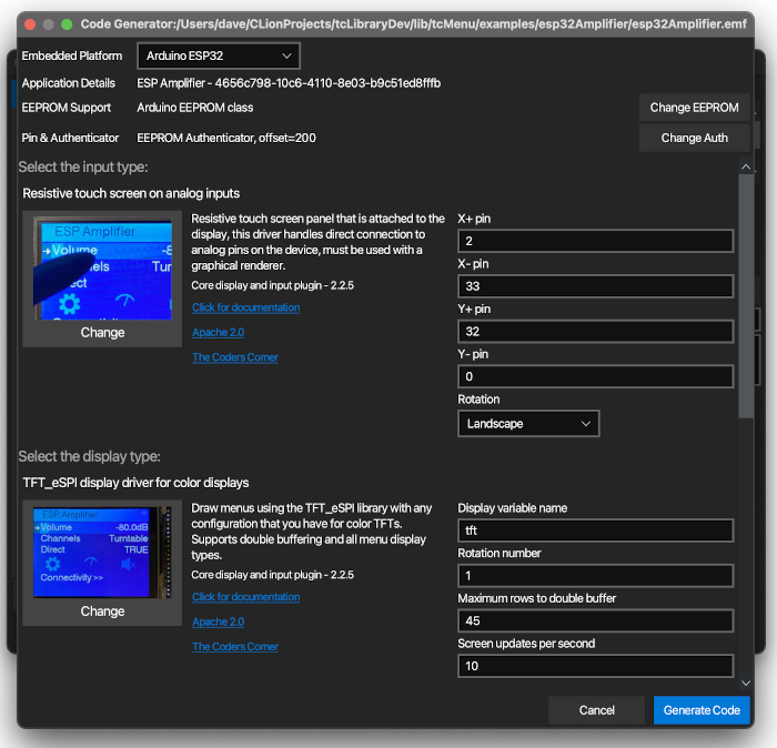 code generator dialog within the menu designer software