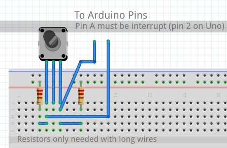 Example of wiring a rotary encoder to an Arduino